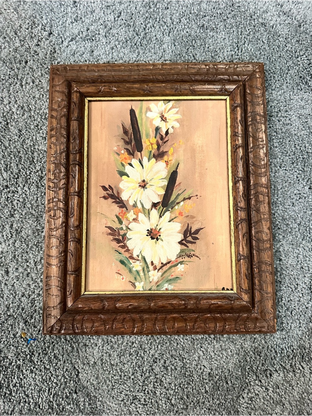 Cream Daisy Bouquet Wall Painting with Brown Frame